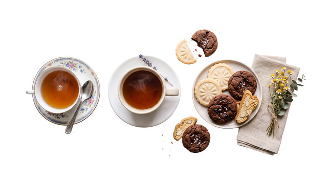 Elegant tea time flat lay, ceramic cups with herbal tea and assorted cookies, rustic breakfast scene with dried lavender and linen napkin isolated PNG with Transparent Background