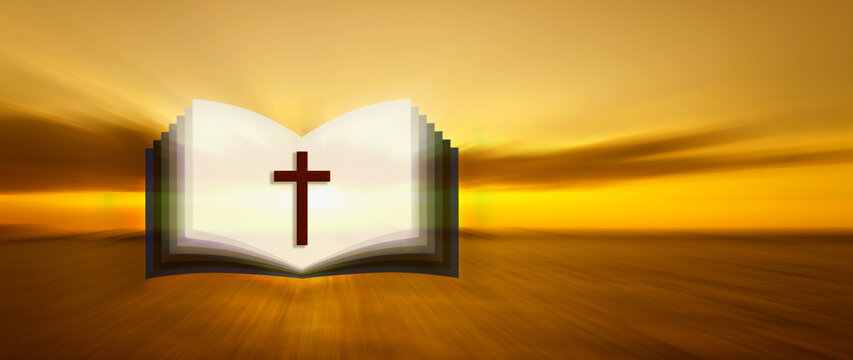 Bible book with Christian cross resurrection. Religion Christ and cross of Jesus Christ, Crucifix, Faith and Hope, christianity and religion concept, christian background. not ai
