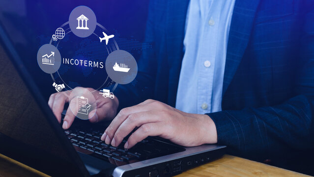 INCOTERMS business concept. Businessman touching virtual INCOTERMS international trade terms, logistics concept. diagram for global supply chain management. not ai