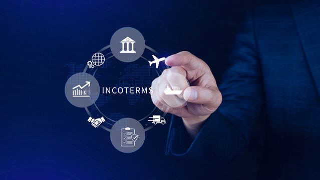 INCOTERMS business concept. Businessman touching virtual INCOTERMS international trade terms, logistics concept. diagram for global supply chain management. not ai