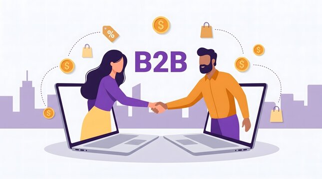 Business people shaking hands through laptop screens for B2B digital partnership concept