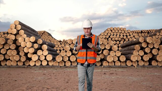 Front View of Asian Male Engineer Use Tablet While Walking with Stacked timber logs pile at outdoor lumber yard
