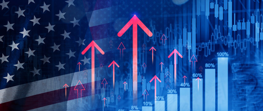 US Growth concept. business arrow target direction concept to success, US Finance growth vision stretching rising up, Return on investment ROI, American economy. not ai