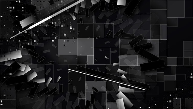Abstract monochrome geometric pattern with dark overlapping squares and lines