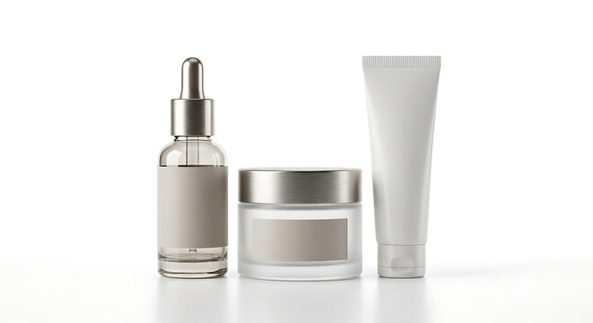 A collection of cosmetic skincare bottles and tubes standing upright on a clean white surface.