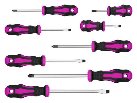 High quality chrome vanadium toolset template with Pink assorted phillips and slotted tips. Clean minimalist technical asset layout for engineering brand