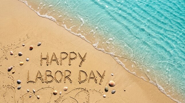 Happy labor day written in the sand on a beautiful tropical beach with clear blue ocean water