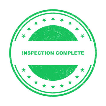 Green circular stamp with inspection complete text in a distressed vintage style isolated on transparent background