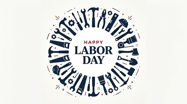 Happy labor day greeting card design featuring a circular frame of various construction hand tools and equipment