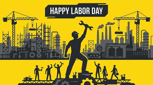 A festive illustration celebrating labor day featuring industrial workers and construction silhouettes against a bright yellow background