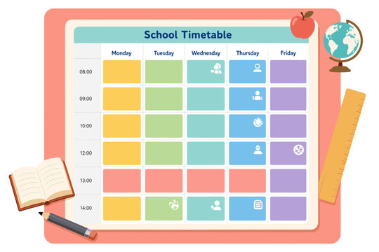 School timetable template with colorful sections and icons for each day of the week