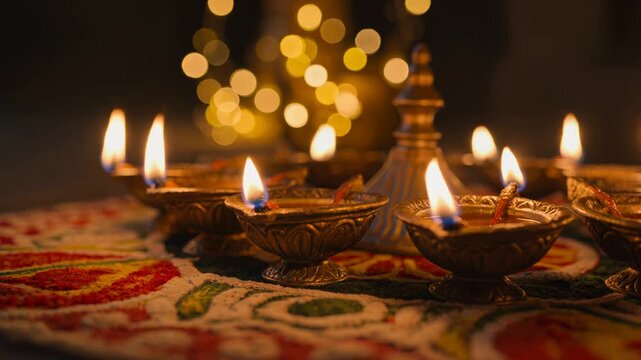 Traditional burning diyas celebrating Diwali festival