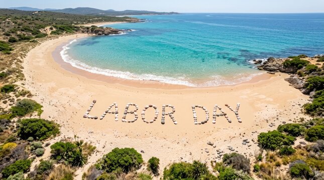 Aerial view of a beautiful tropical beach with the words labor day written in the sand