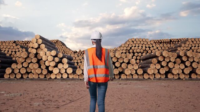 Back of Asian Female Engineer Walking with Stacked timber logs pile at outdoor lumber yard