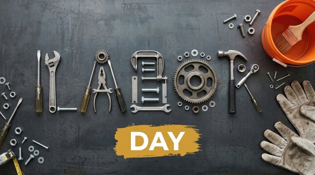 Creative labor day background featuring various metal construction tools arranged to spell out the holiday celebration message