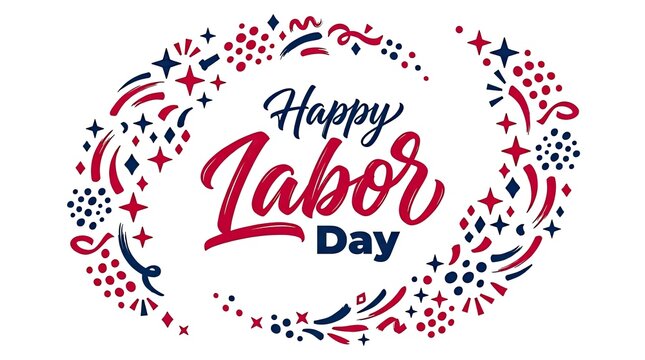 Festive happy labor day greeting card design with decorative red and blue stars on white background