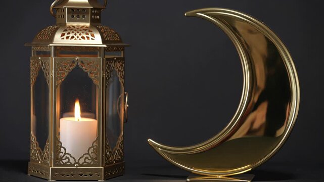 Golden ramadan lantern and crescent moon decoration