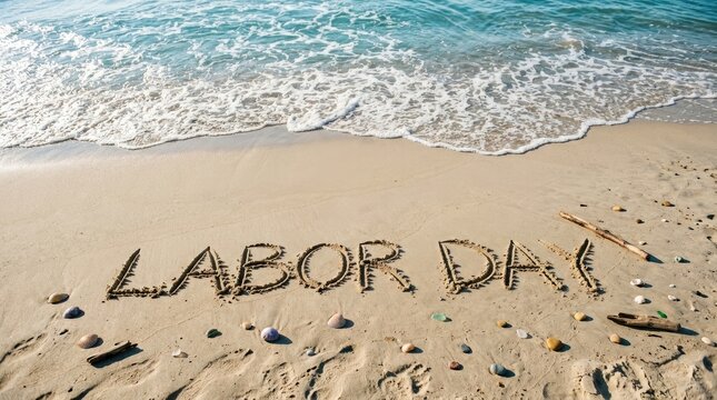 The words labor day written in the sand on a beautiful tropical beach during a sunny summer day