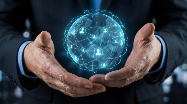 A businessman's hands cradling a glowing blue digital globe showing a worldwide network of users.