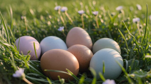 Colorful easter eggs nestling in the green grass