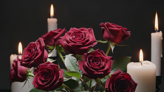 Flickering candles lighting a bouquet of red roses
