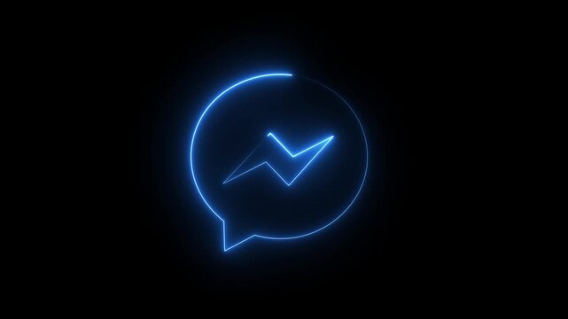 Glowing blue neon chat bubble messenger icon lightning bolt outline symbol dark background.