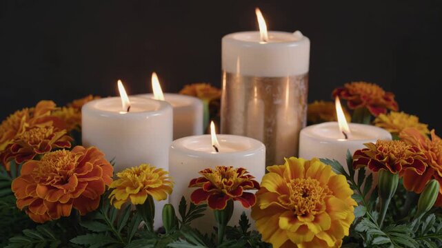 Burning candles surrounded by cempasuchil marigold flowers