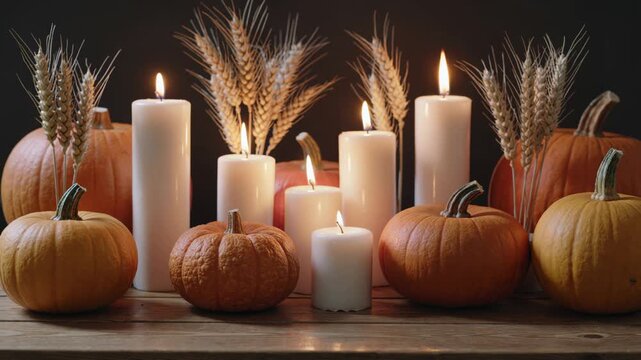 Autumnal thanksgiving decoration with pumpkins and candles burning