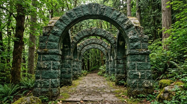 Old stone archways covered in moss leading through a dense forest path. Ancient ruins in nature, paved walkway, countryside history background, stone architecture