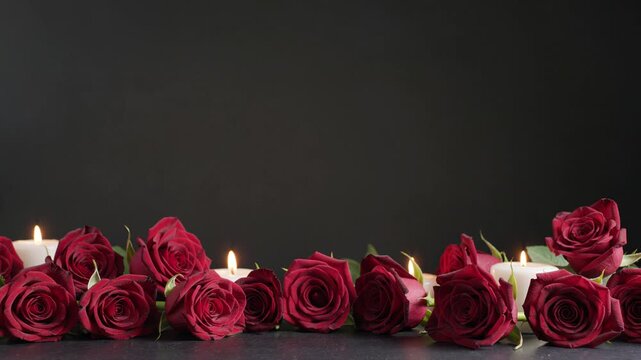 Romantic red roses and flickering candles border