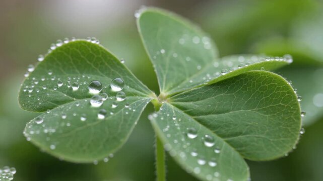 Four-leaf clover with dew drops swaying gently