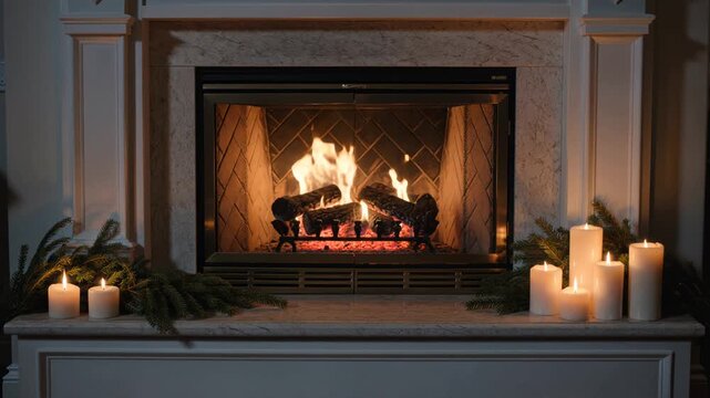 Cozy living room fireplace burning at christmas