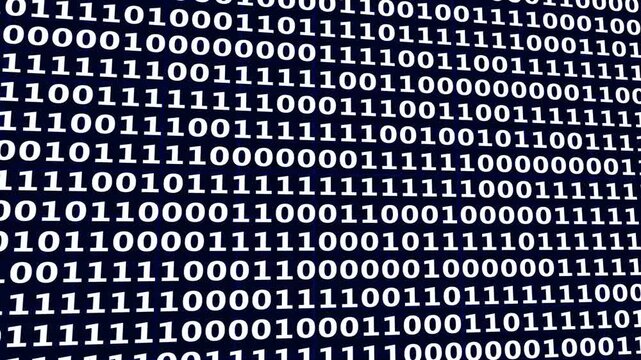 Digital binary code stream background, abstract technology data flow animation, cyber security and programming concept.