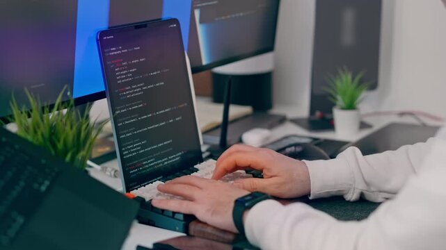 Software Engineer Writing Python Code on Mechanical Keyboard, Close-up, Focus on Hands. Over-the-shoulder shot of a male developer or data scientist typing on a custom mechanical keyboard. 