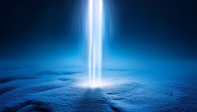 glowing vertical light pillar emerging from a dark icy textured ground creating a mysterious and ethereal atmosphere in blue tones