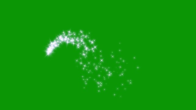 Luxury white glitter sparkle animation, fairy dust, glowing starlet particle wave overlay animation, magical fairy dust sparkle trail backdrop visual on green background. 4k video