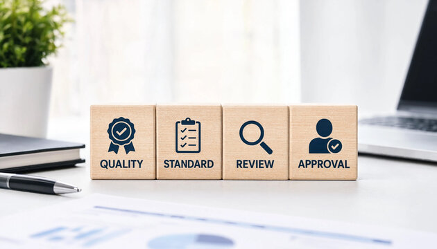 Wooden blocks with quality standard review and approval icons on a bright office desk