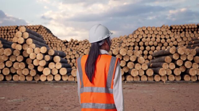 Back of Asian Female Engineer Walking with Stacked timber logs pile at outdoor lumber yard