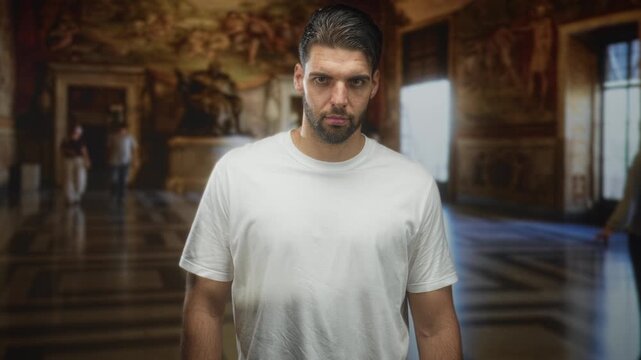 Man with beard standing frontal, hands at sides wearing white shirt in museum; introspection solitude.