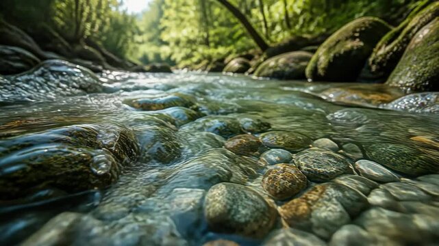 Close-up of clear flowing river water over smooth stones in a forest