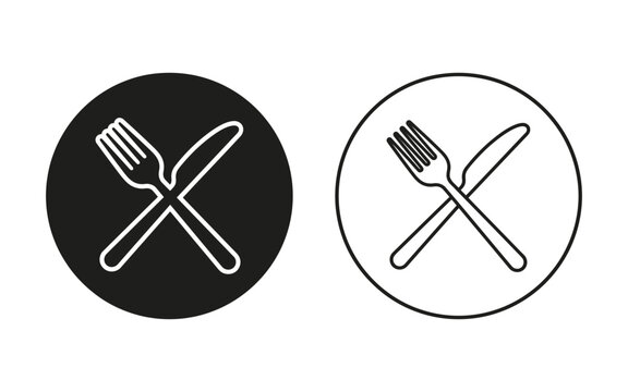 Fork And Knife Icon Set Black And White Linear Design