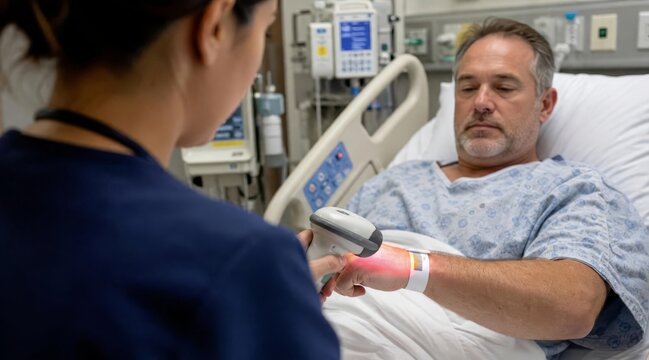 Nurse scanning patient wristband with barcode reader