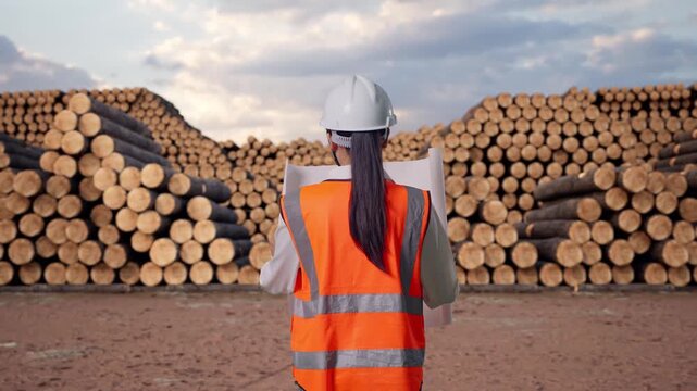 Back of Asian Female Engineer Looking At Blueprint In His Hands While Walking with Stacked timber logs pile at outdoor lumber yard