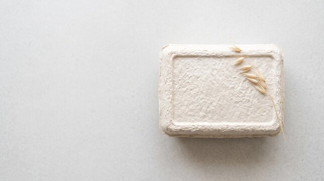 Textured biodegradable packaging with rice grains on a neutral background  