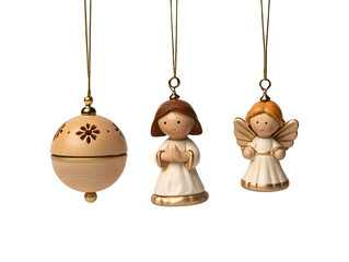 Fototapeta premium Wooden Christmas ornaments with ball and angel figurines isolated on transparent or white background, png