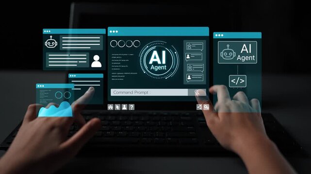 Person Using Laptop with Futuristic AI Interface and Digital Displays Showing Command Prompt and Chatbot Features for Automation and Innovation. Entropy.