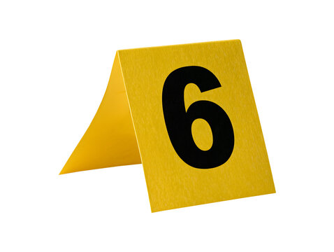 Yellow crime scene evidence marker with number six isolated on transparent or white background, png