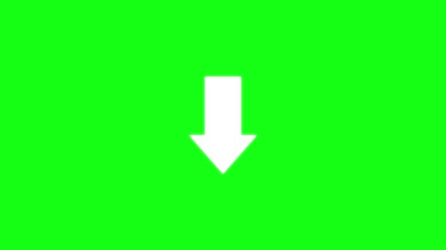 White downward arrow icon, symbolizing download ,direction decrease decline navigation movement transfer reduction loss data lowering and downward trend isolated on bright green background.