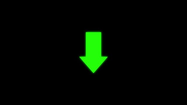 Green downward arrow icon, symbolizing download ,direction decrease decline navigation movement transfer reduction loss data lowering and downward trend isolated on bright green background.
