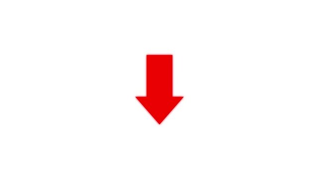 Red downward arrow icon, symbolizing download ,direction decrease decline navigation movement transfer reduction loss data lowering and downward trend isolated on bright green background.